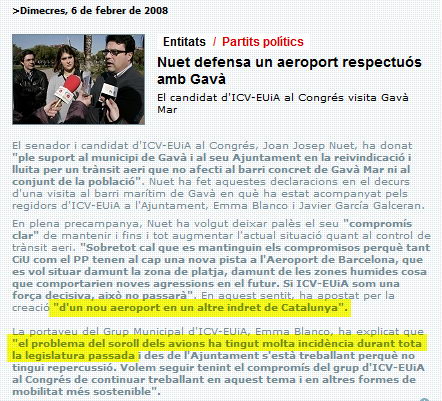 Notícia publicada al Bruguers Digital sobre la visita del senador d'ICV-EUiA, Joan Josep Nuet, a Gavà Mar per defensar que l'aeroport del Prat sigui respectuós amb Gavà Mar (6 de Febrer de 2008)